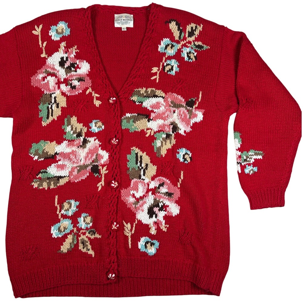 Susan Bristol Vintage Red Floral Knit Cardigan Sweater Cotton Grandmacore‎ Large